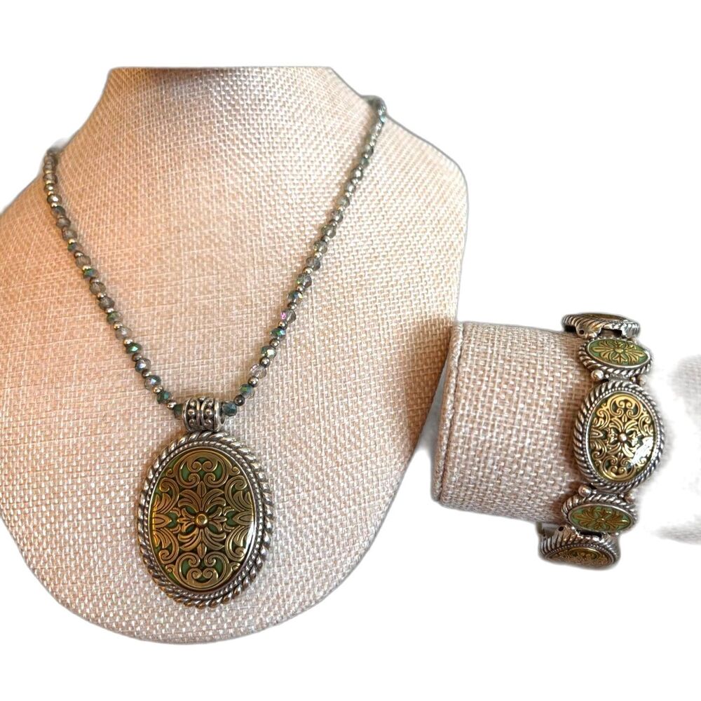 Brighton Two Tone Green Enamel Corfu Scroll Necklace and Bracelet Set
